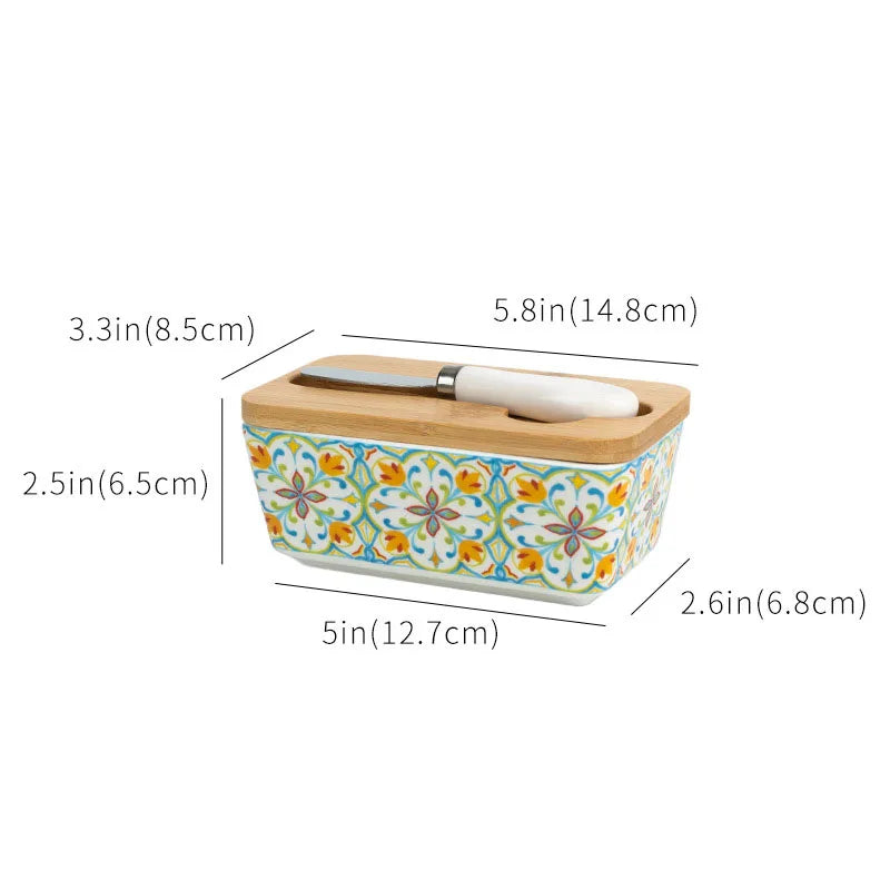 Rectangular container with floral design and wooden lid, showing measurements on a white background