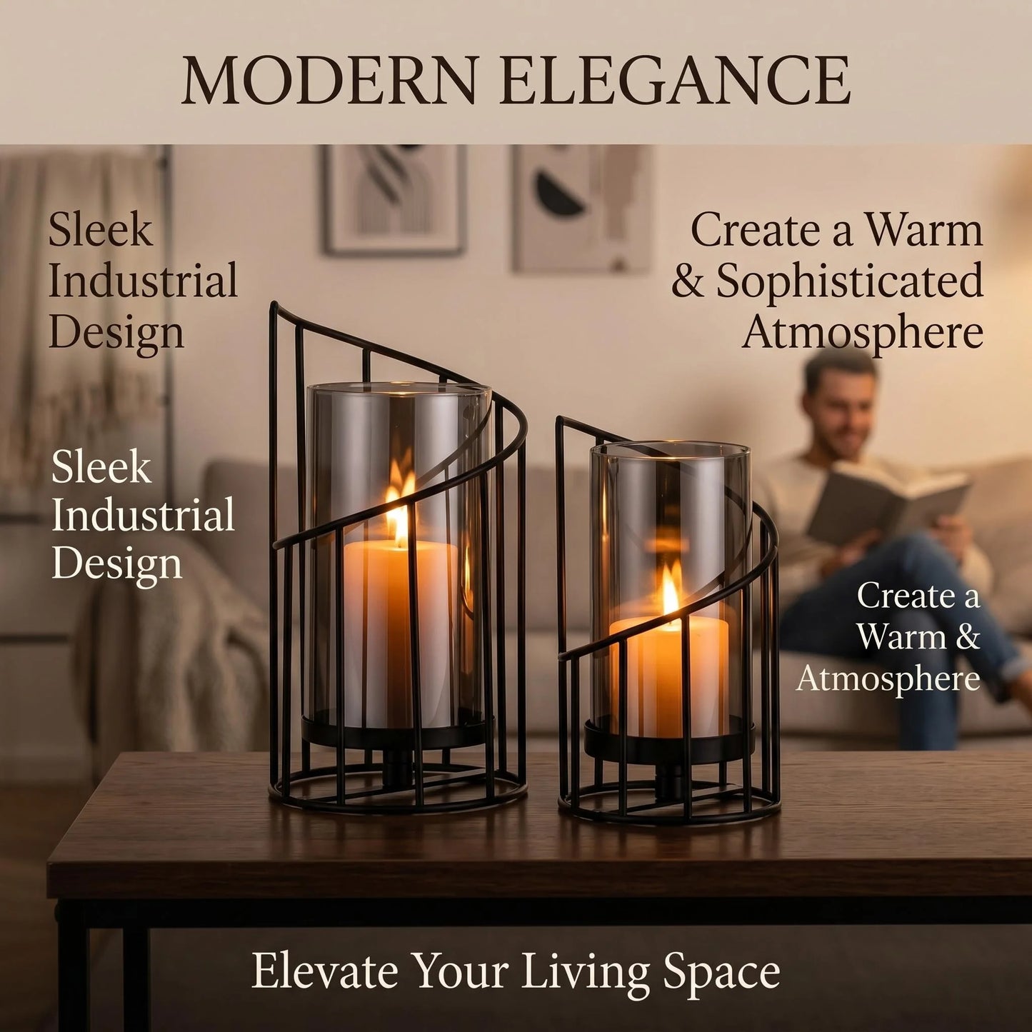 Set of two modern black spiral glass candle holders with smoked hurricane glass displayed on a wooden table in a contemporary home interior.