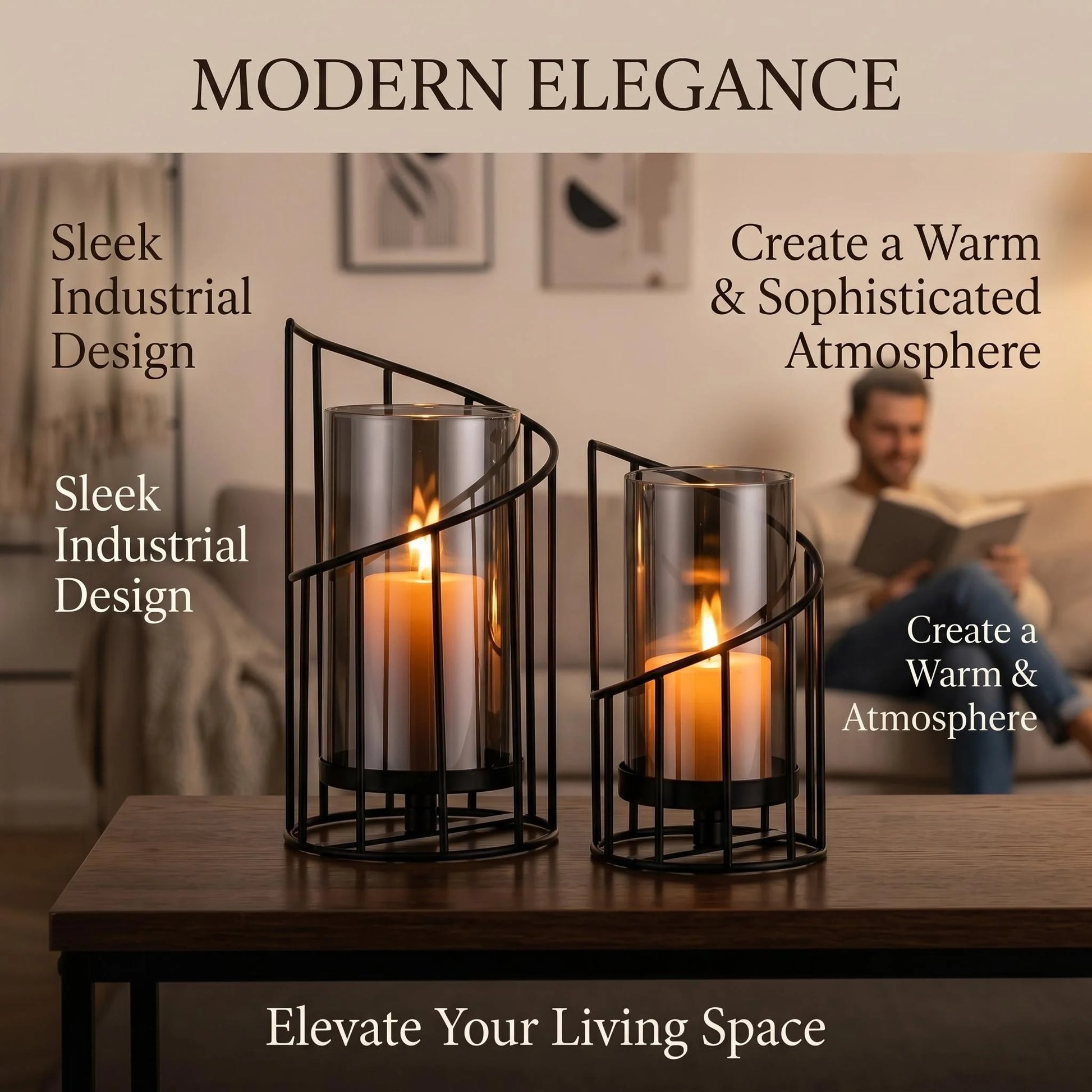 Set of two modern black spiral glass candle holders with smoked hurricane glass displayed on a wooden table in a contemporary home interior.