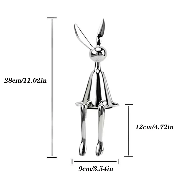 Metallic sculpture of a figure with dimensions indicated on a white background
