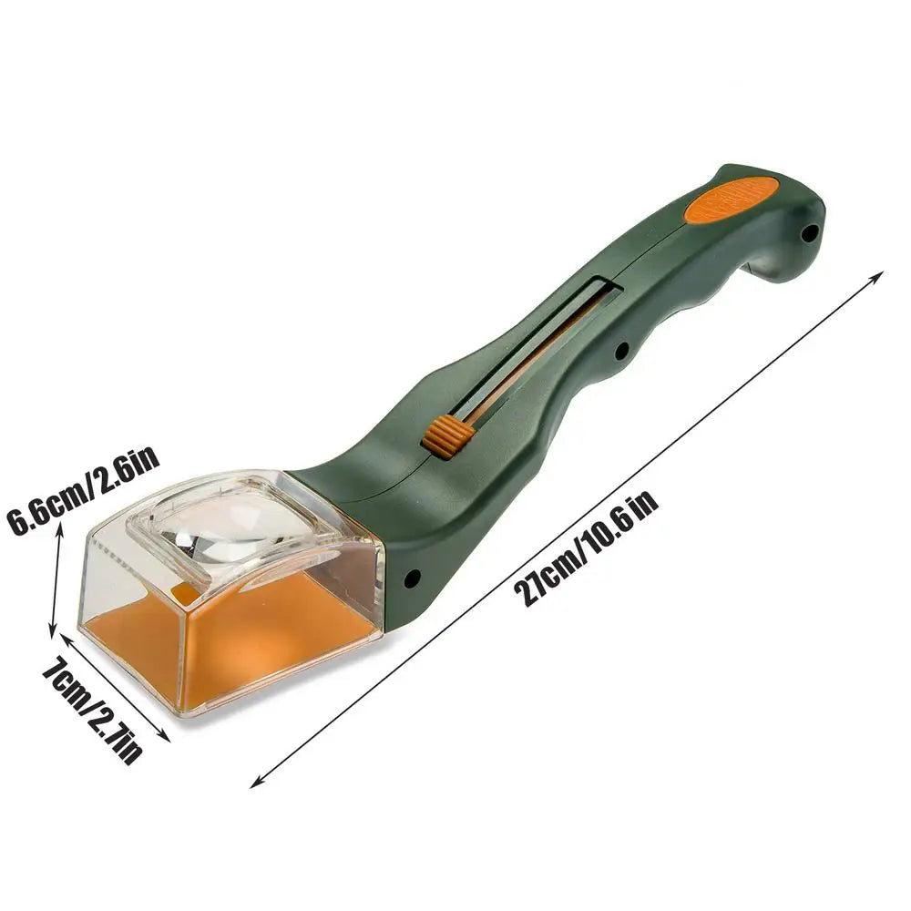 Green and orange tool with dimensions labeled on a white background
