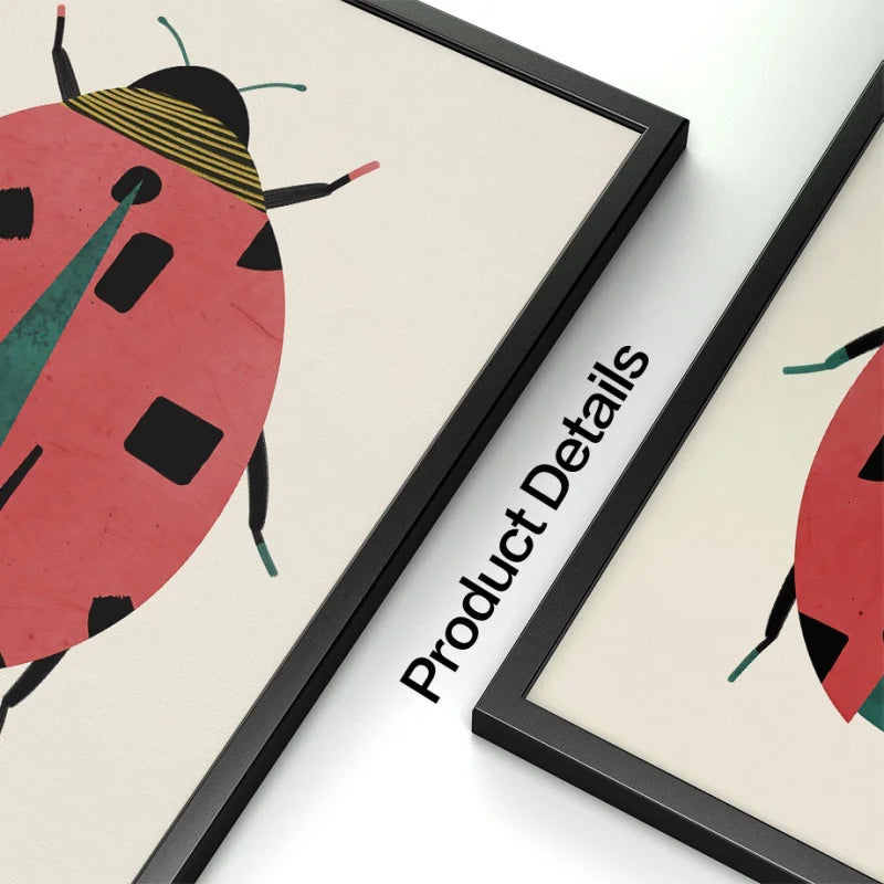 Framed artwork of a ladybug on a white background with 'Product Details' text overlay.