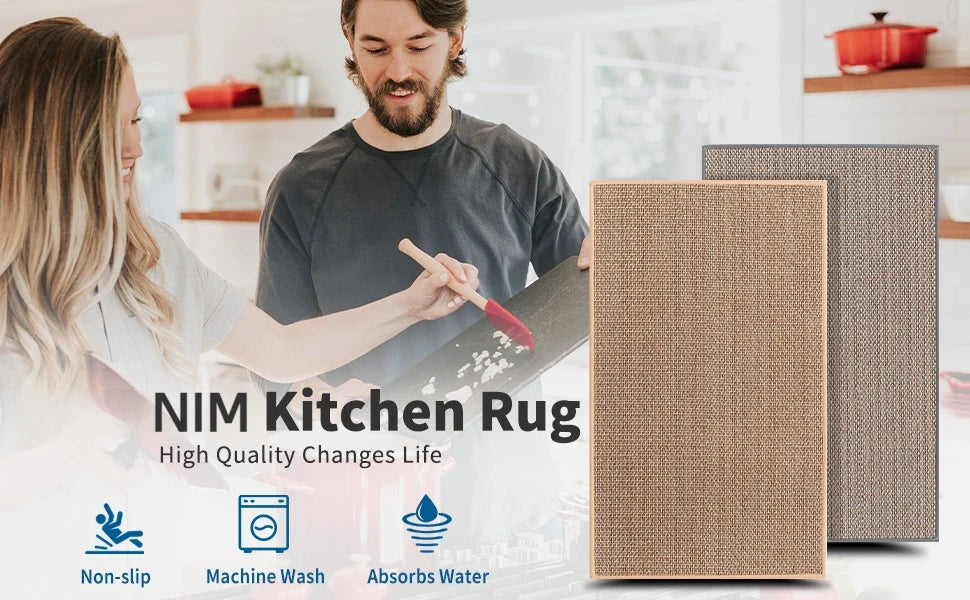 Man and woman using a kitchen rug with text about its features and benefits.