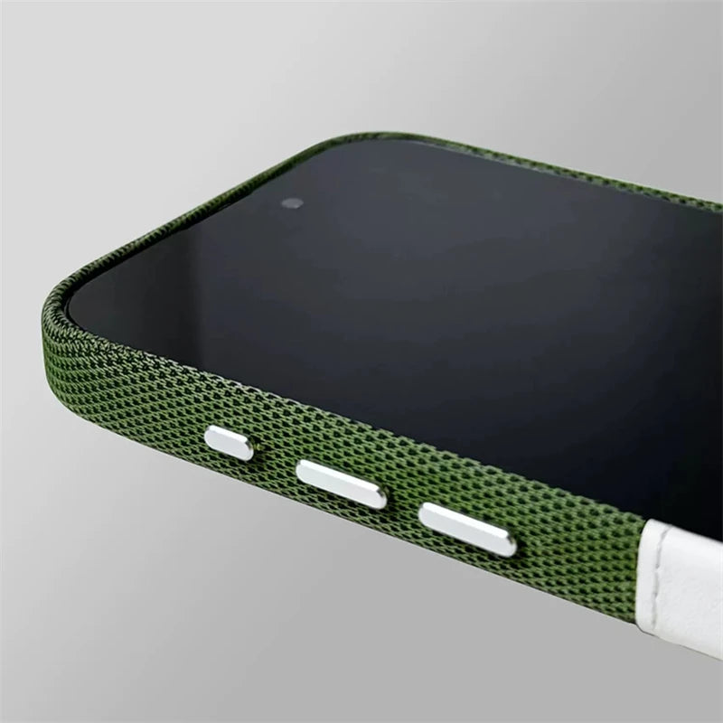Green textured phone case on a gray background