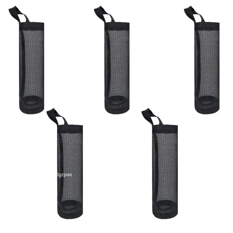 Set of six black mesh bags with handles on a white background