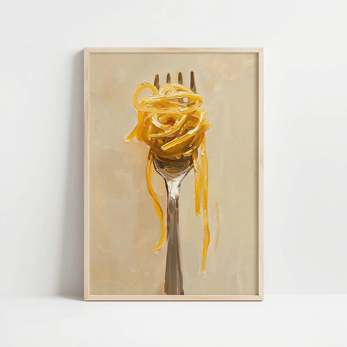 Framed artwork of a fork with noodles on a beige background