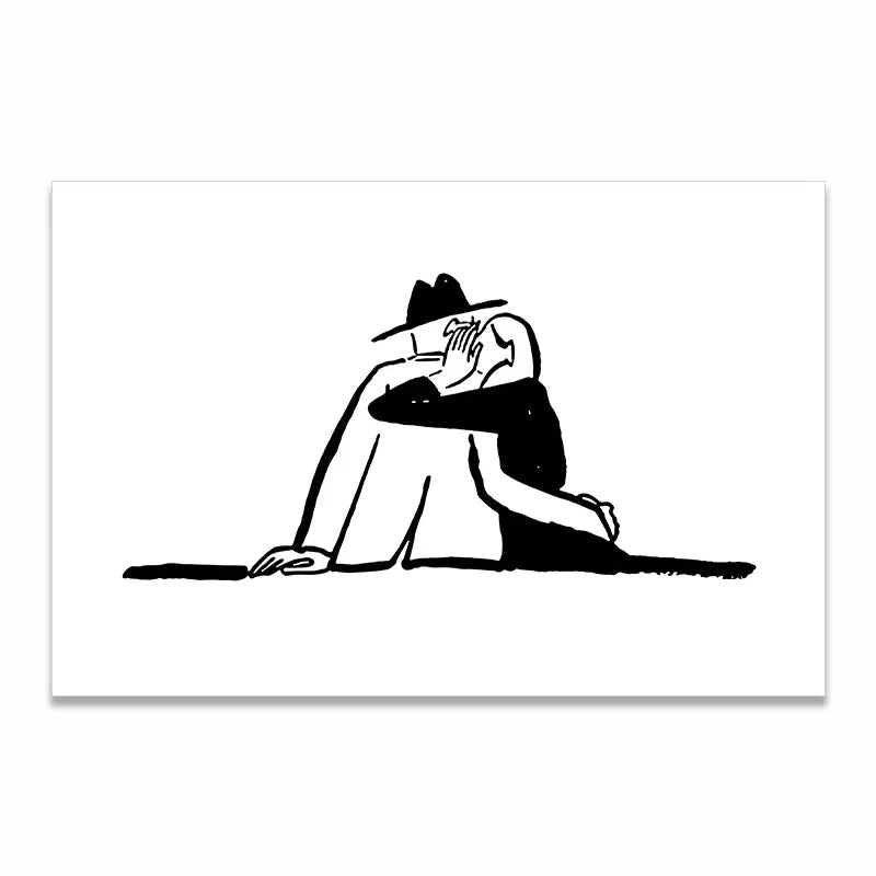 A minimalist black and white art print depicting a seated figure in a hat, shown as a rectangular print with a subtle drop shadow on a white background.