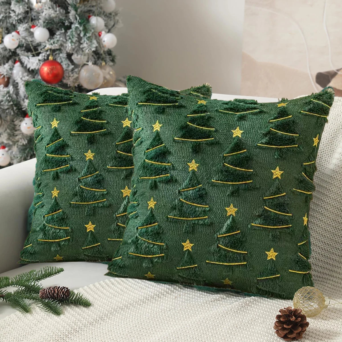 Plush Christmas Tree Pillow Cover – Green 45x45cm with embroidered stars and textured trees
