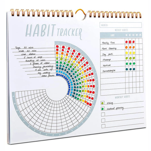 Undated habit tracker journal with weekly and monthly planning pages, designed to help build positive routines, track goals and stay motivated throughout the year.