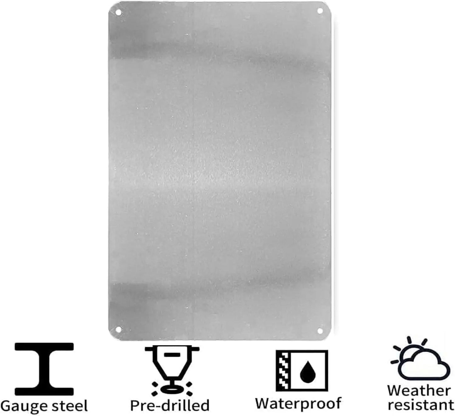 Metal sheet with icons indicating gauge steel, pre-drilled holes, waterproof properties, and weather resistance on a white background.