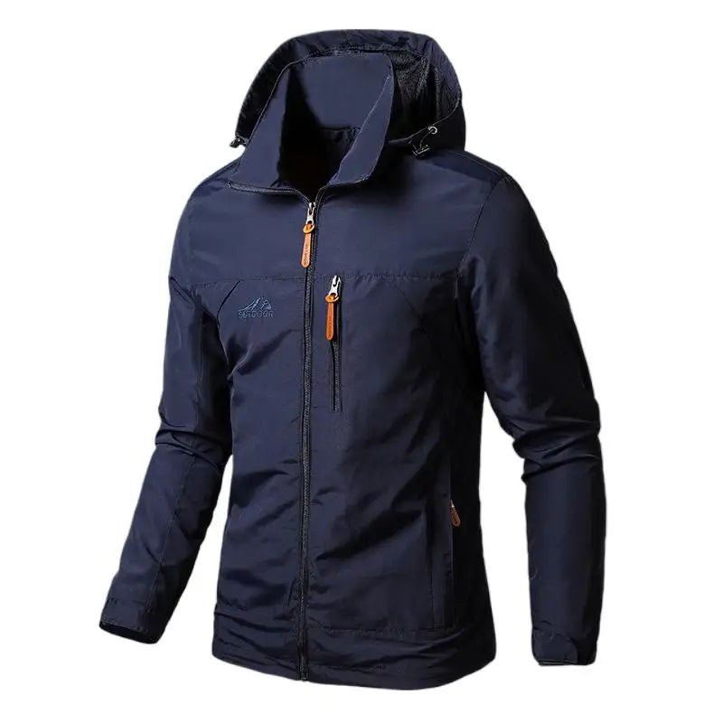 Navy blue jacket with orange zipper on a white background