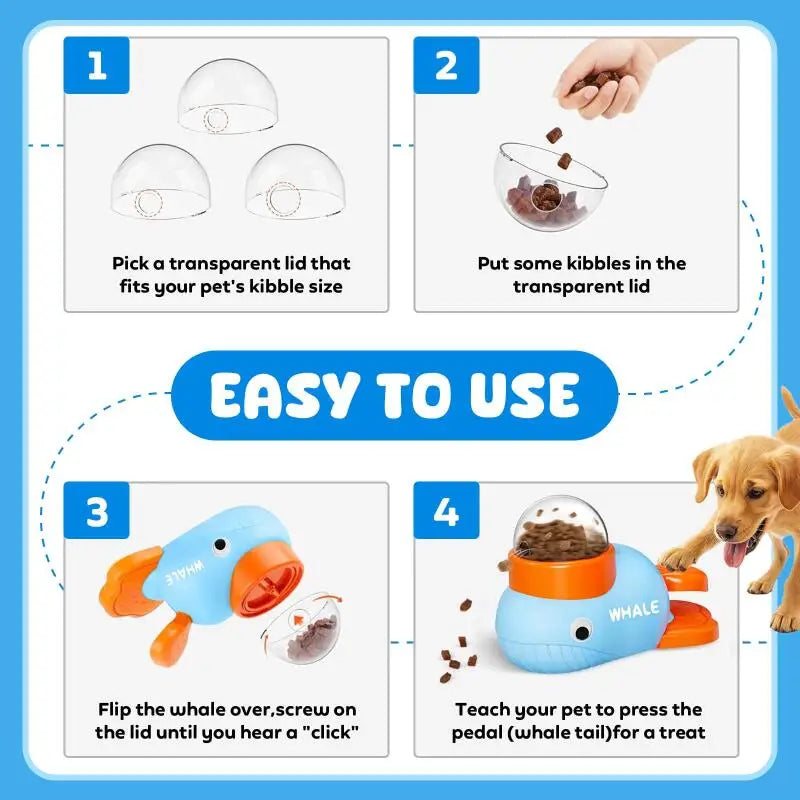 Instructions for using a whale-shaped pet toy with a transparent lid on a blue background.