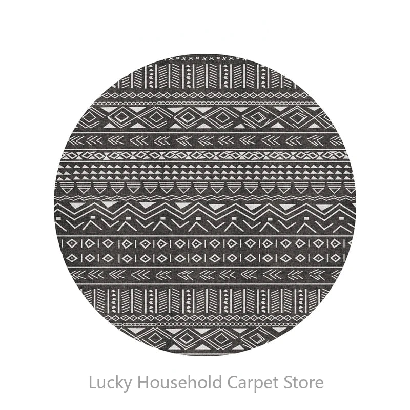 Round black and white patterned rug with 'Lucky Household Carpet Store' branding.