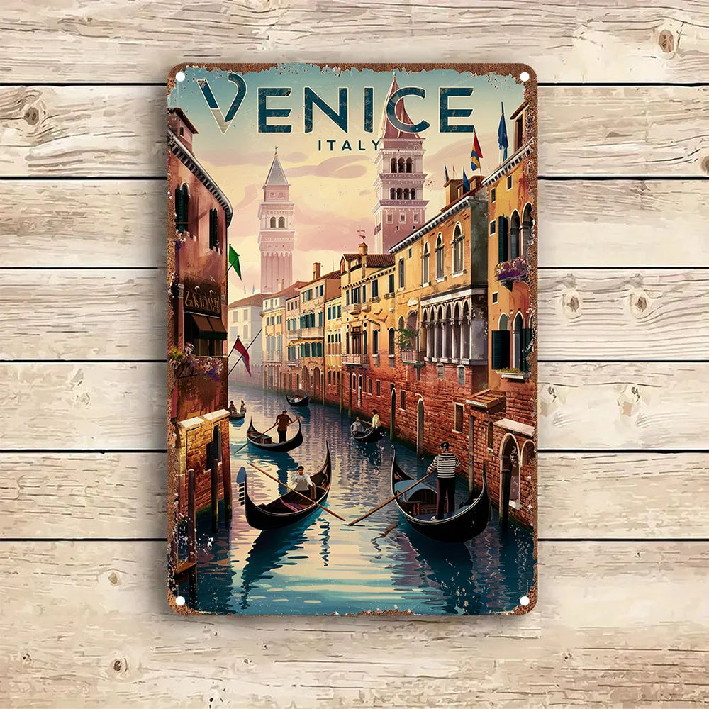 Venice Italy vintage metal wall sign featuring gondolas and historic buildings in retro travel poster style