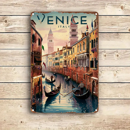 Venice Italy vintage metal wall sign featuring gondolas and historic buildings in retro travel poster style