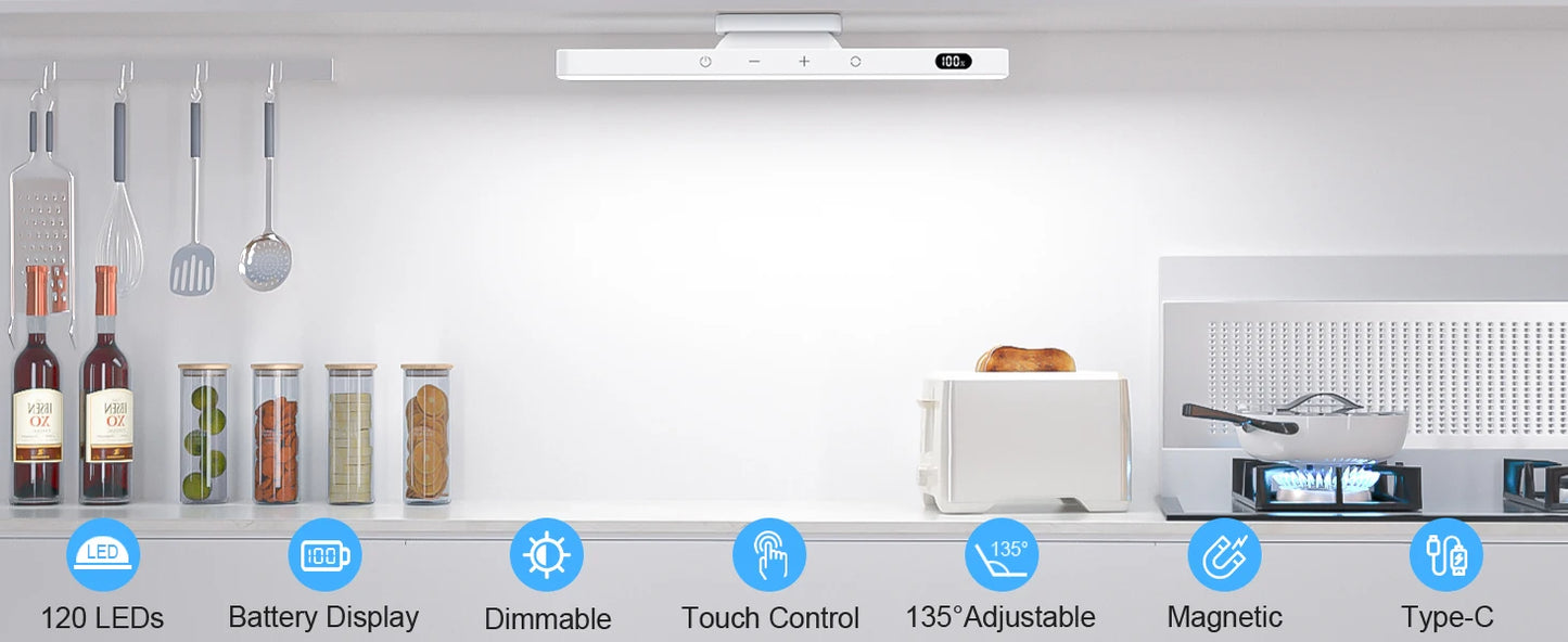 Modern kitchen setup with a smart light strip on the ceiling, displaying features like LED count, battery display, dimmable, touch control, adjustable brightness, magnetic attachment, and Type-C connection.