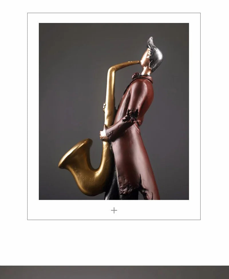 Statue of a musician playing a saxophone on a dark background