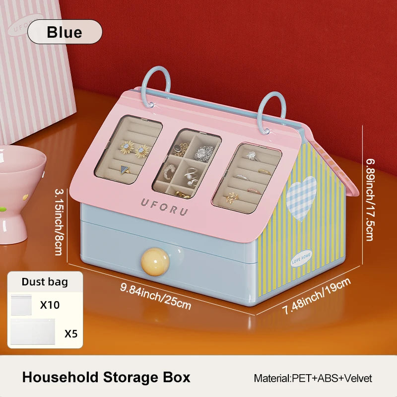 Household storage box with dimensions and material details on a red background