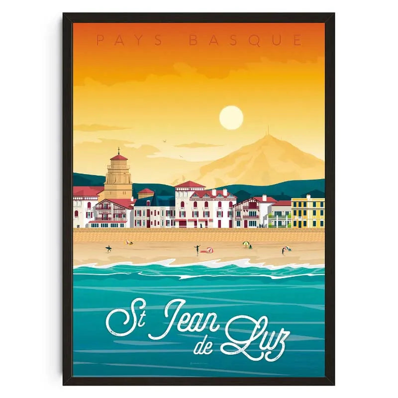 Poster of St Jean de Luz with a beach and mountain landscape.