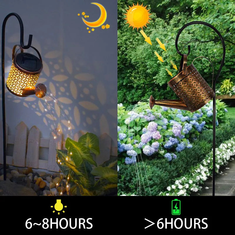 Solar-powered decorative light with water can design, showing different lighting times and outdoor setting.