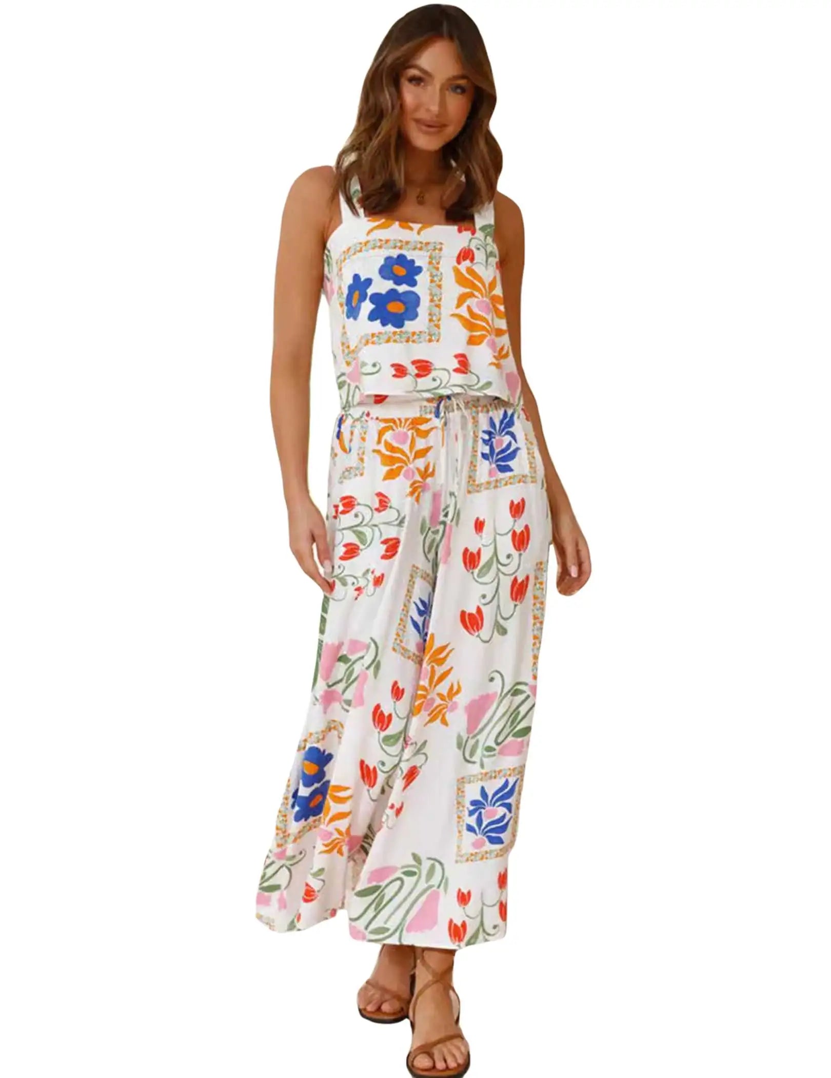 Woman wearing a colorful floral dress on a white background