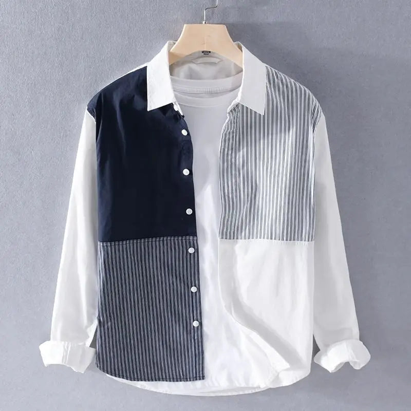 Men’s patchwork striped long sleeve shirt with contrast white or blue collar.