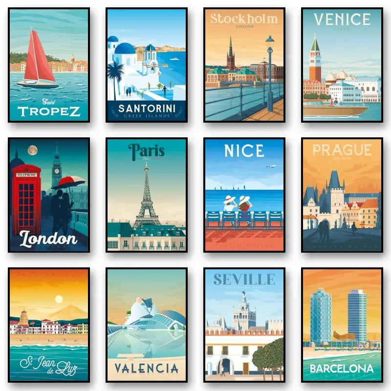 Collection of travel posters featuring famous cities like Tropez, Santorini, Stockholm, Venice, London, Paris, Nice, Prague, Seville, Valencia, and Barcelona.