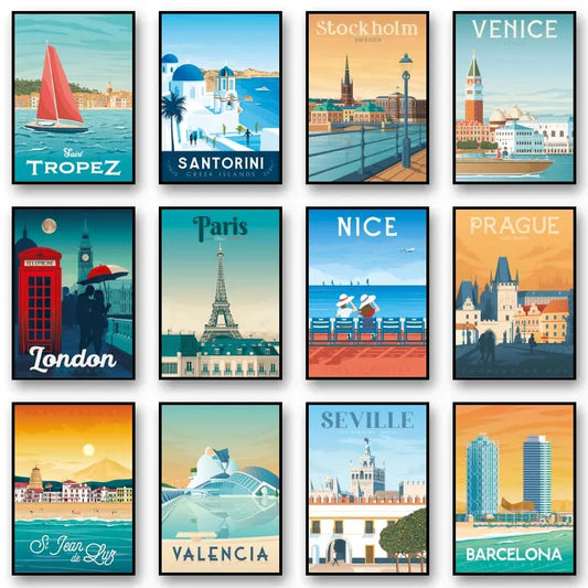 Collection of travel posters featuring famous cities like Tropez, Santorini, Stockholm, Venice, London, Paris, Nice, Prague, Seville, Valencia, and Barcelona.