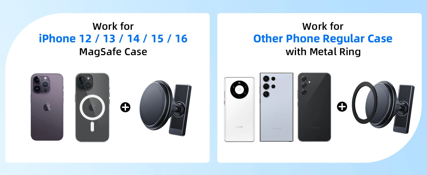 Two product categories for phone cases: one for MagSafe cases on iPhone models and another for regular cases with metal rings.