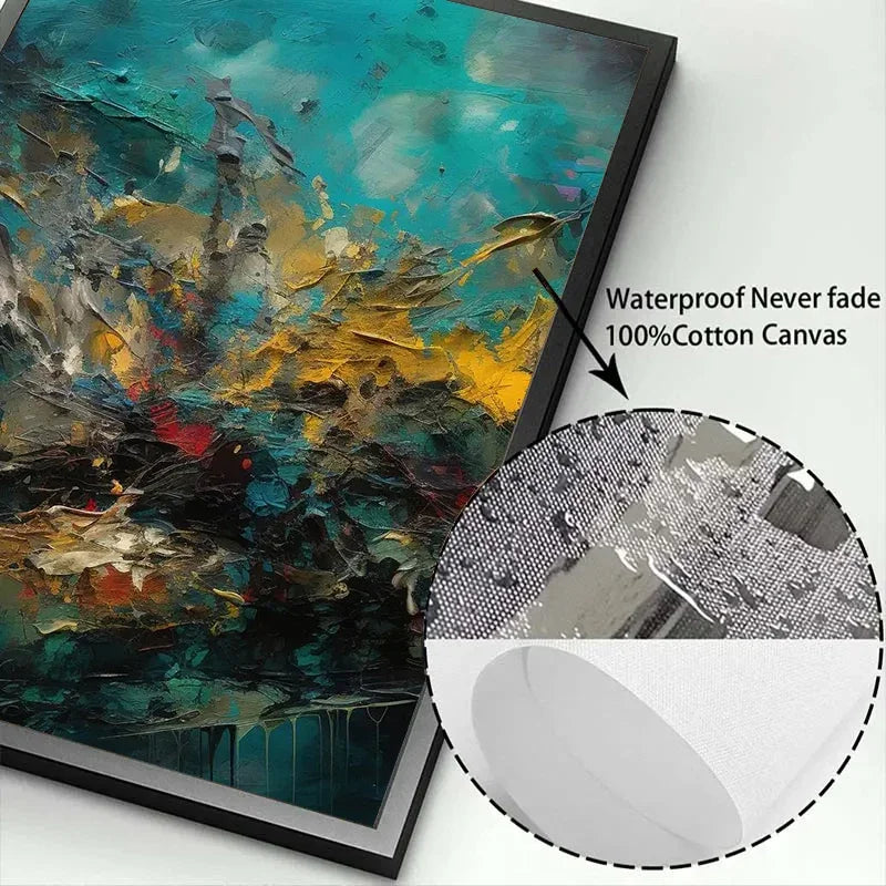 Abstract painting with a focus on the canvas texture and waterproof properties.