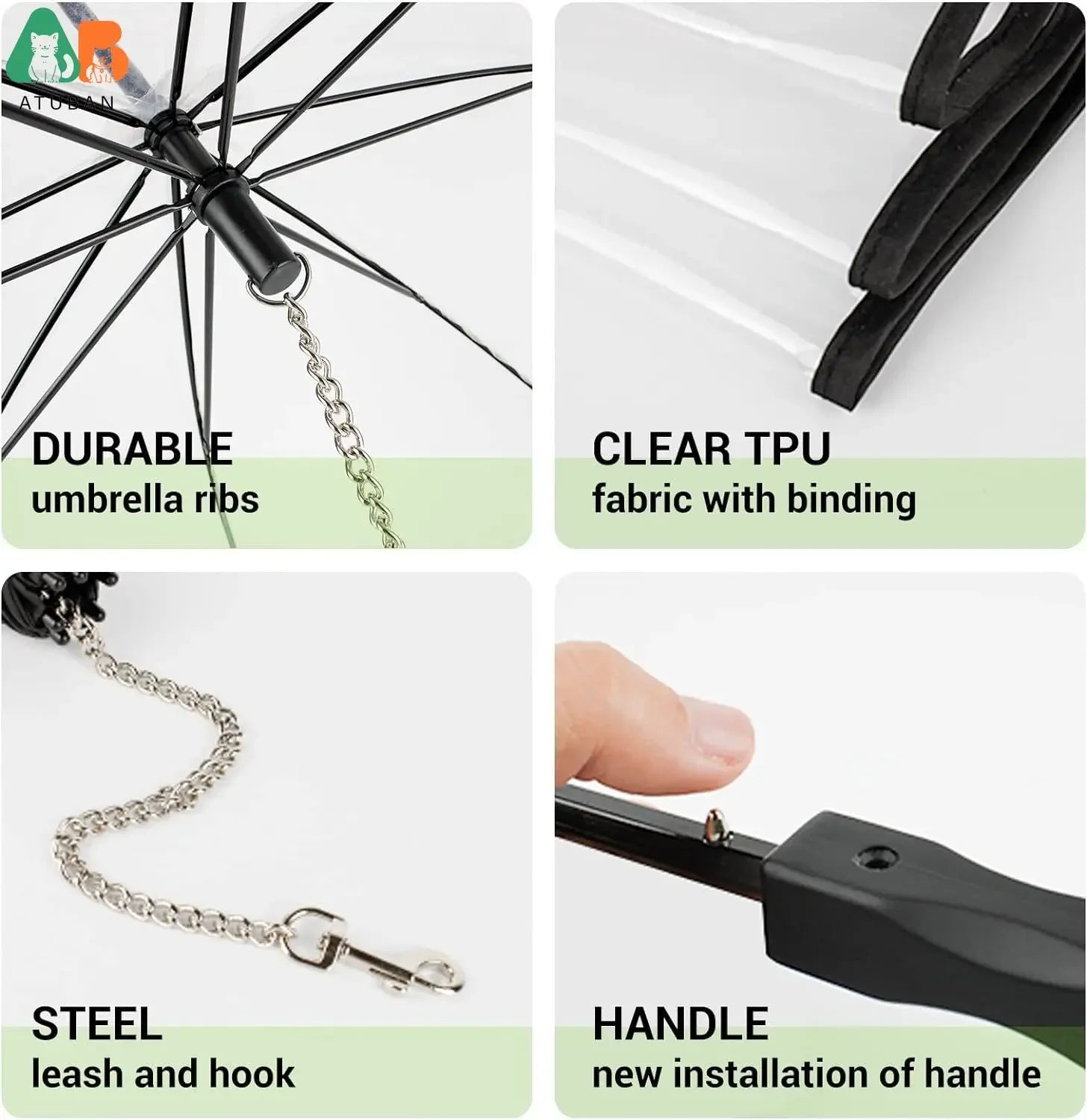 Collage of umbrella components with text labels on durability and features.