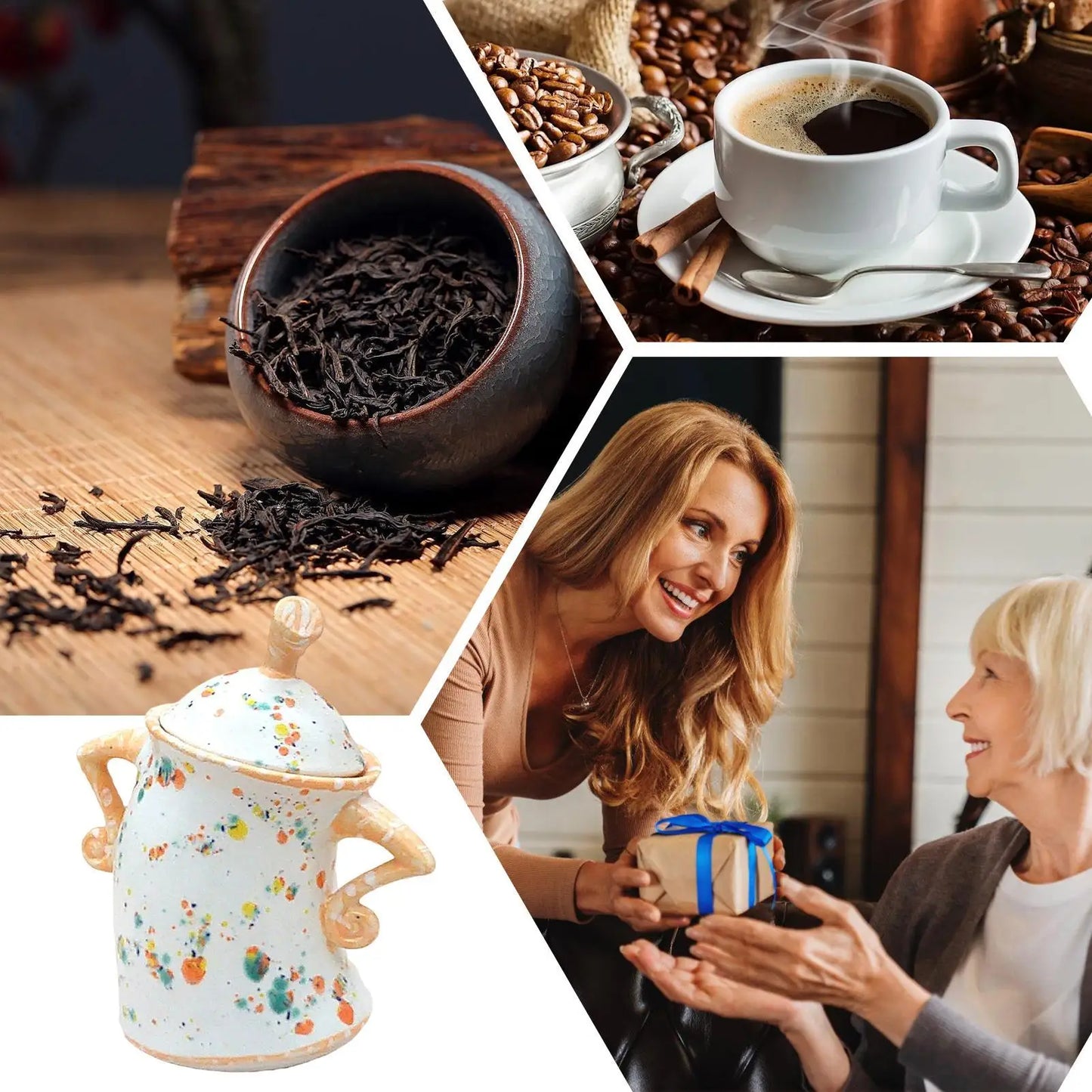 Collage of images including coffee beans, a cup of coffee, tea leaves, a decorative teapot, and two people exchanging a gift.