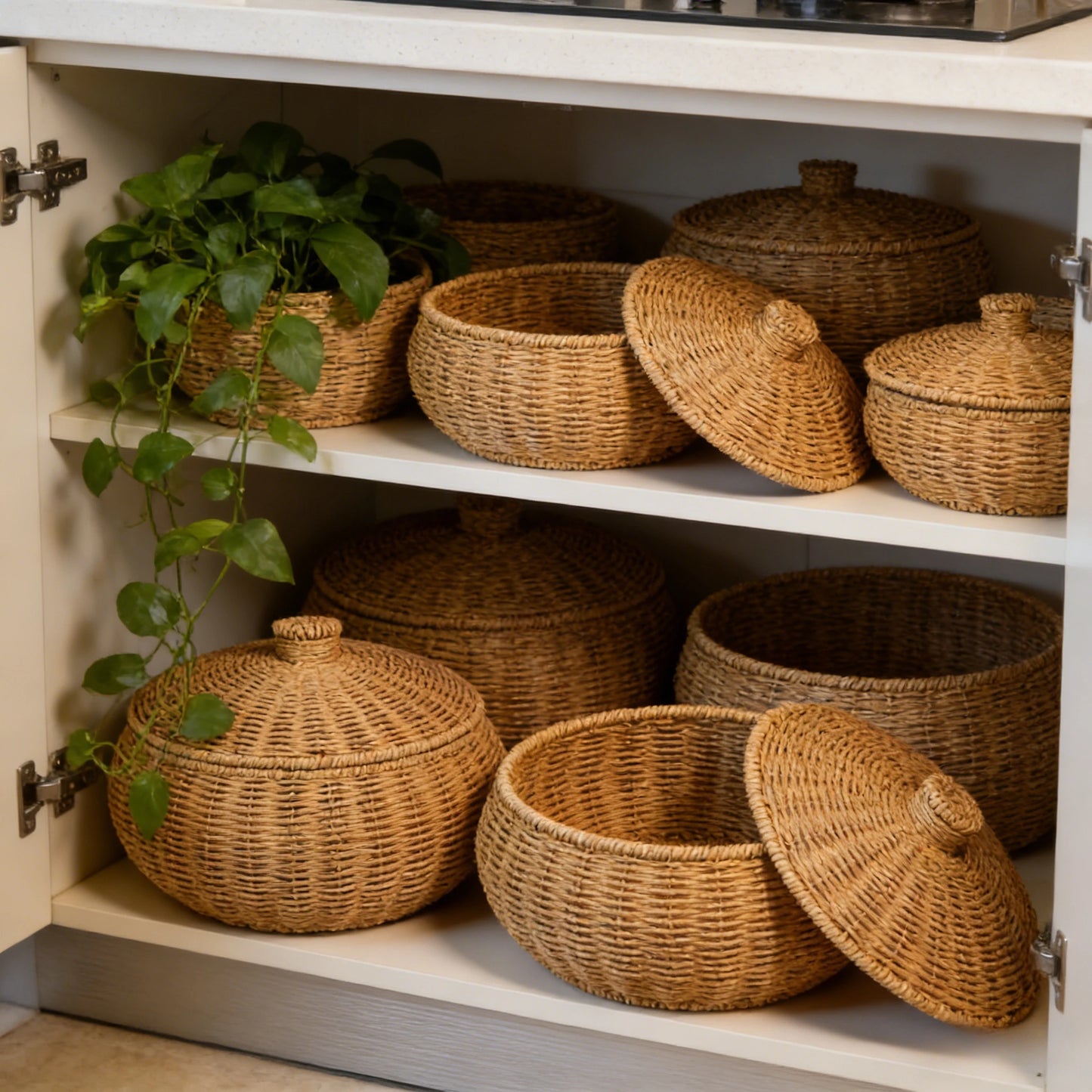 Handwoven rattan style storage baskets with lids displayed on kitchen pantry shelves in rustic boho home decor style