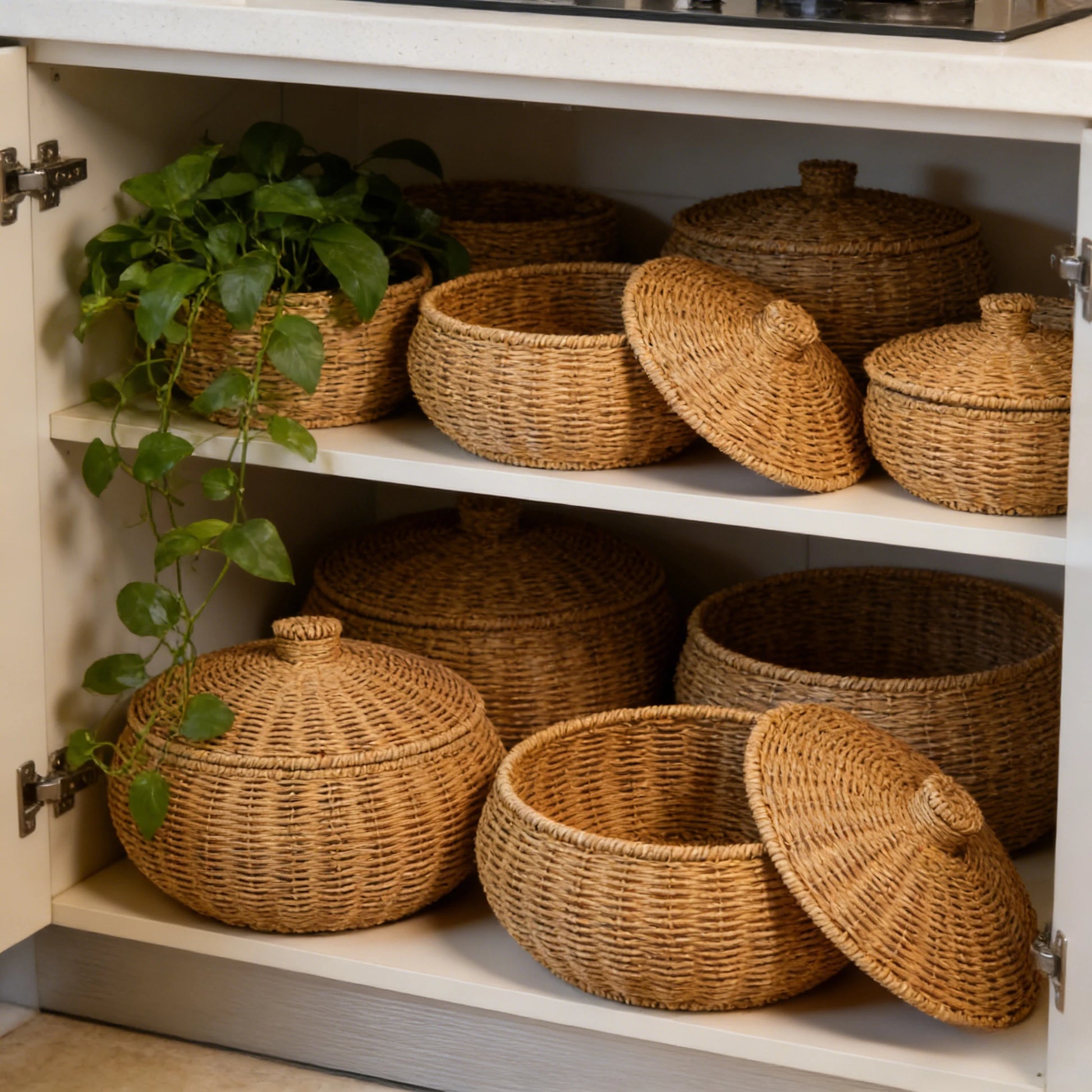 Handwoven rattan style storage baskets with lids displayed on kitchen pantry shelves in rustic boho home decor style