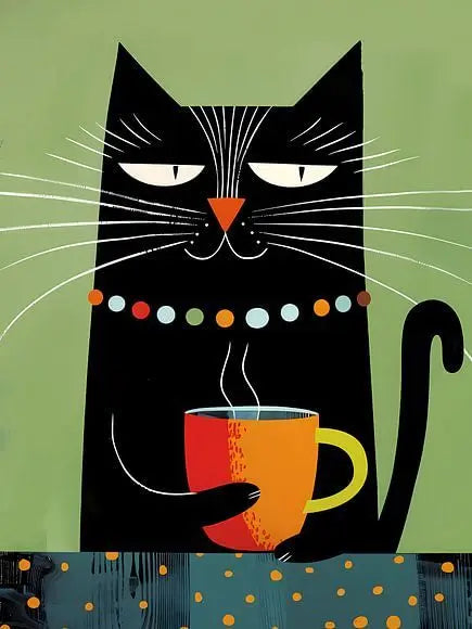 Illustration of a black cat holding a coffee cup on a green background