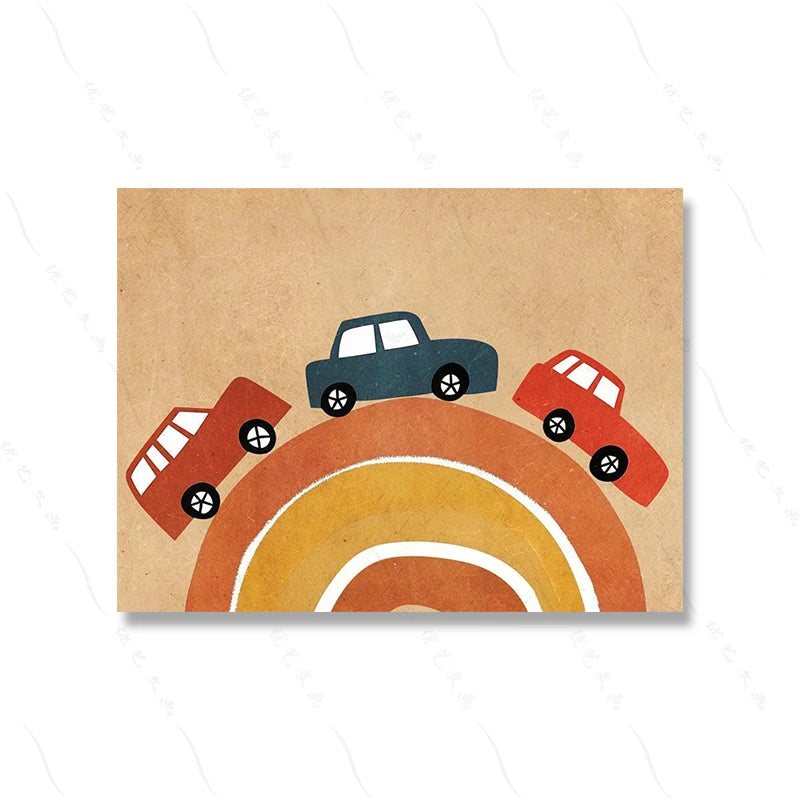 Three cartoon cars on a rainbow with a brown background