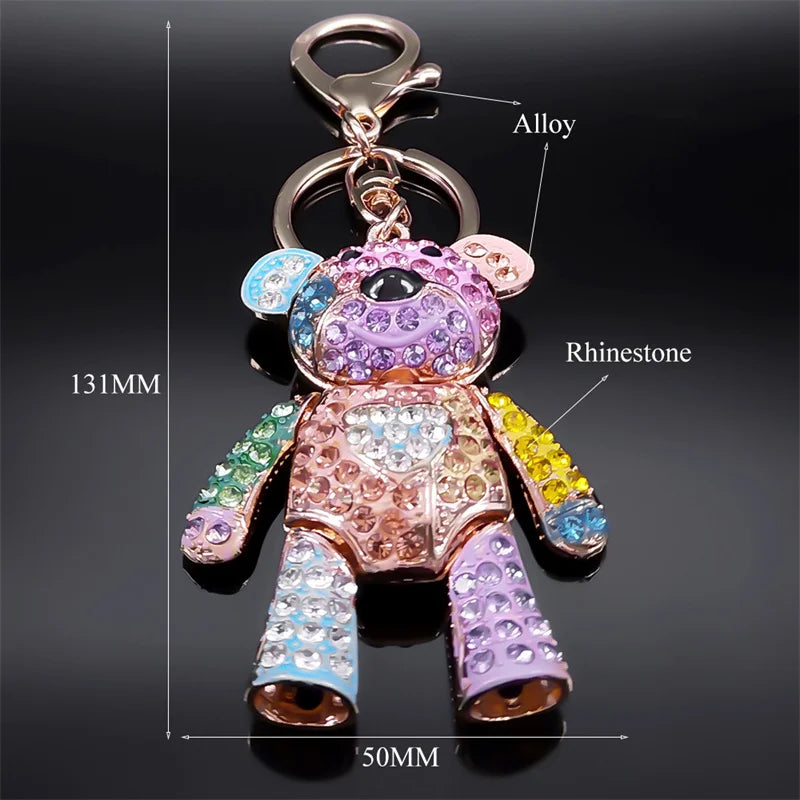 Colorful teddy bear keychain with labeled parts on a dark background