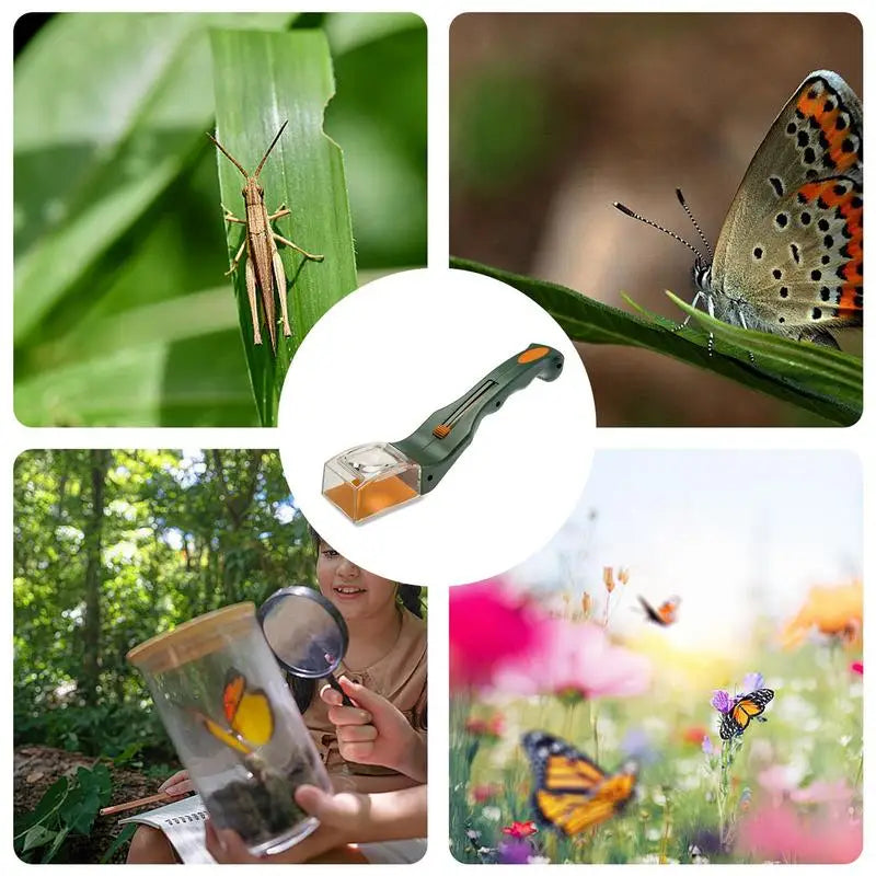 Collage of a grasshopper, butterfly, and person with a magnifying glass in a natural setting. Portable handheld spider and insect catcher with magnifier lens