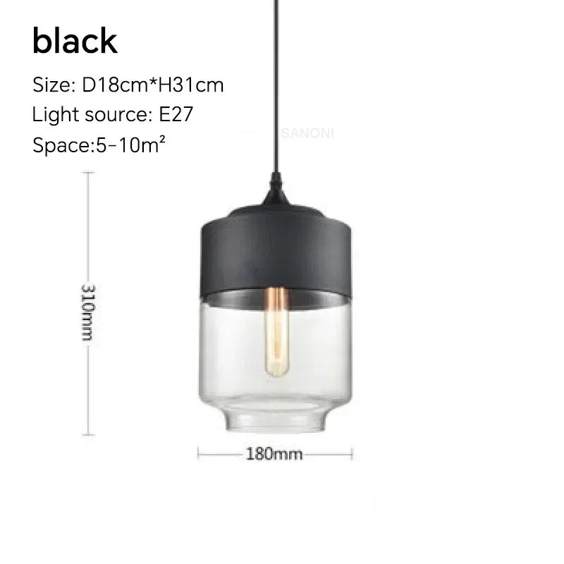 Black pendant light with clear glass shade and dimensions on a white background