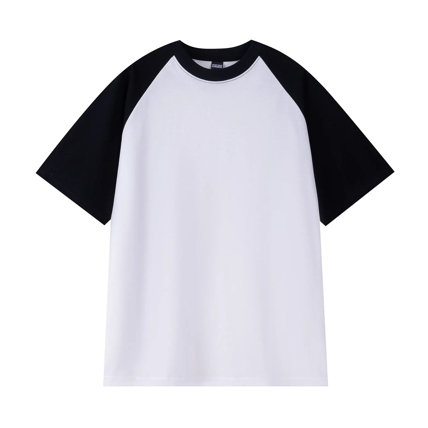White t-shirt with black sleeves on a white background