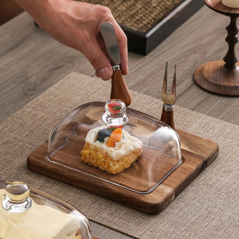 Acacia wood butter dish with clear glass dome and serving knife