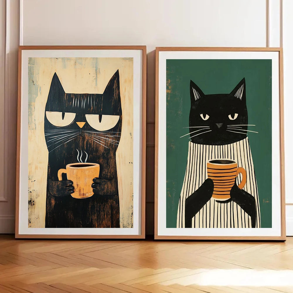 Retro black cat coffee canvas prints displayed in wooden frames