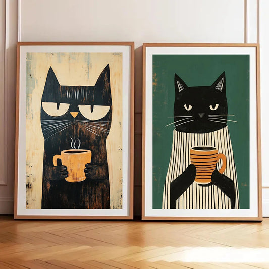 Retro black cat coffee canvas prints displayed in wooden frames