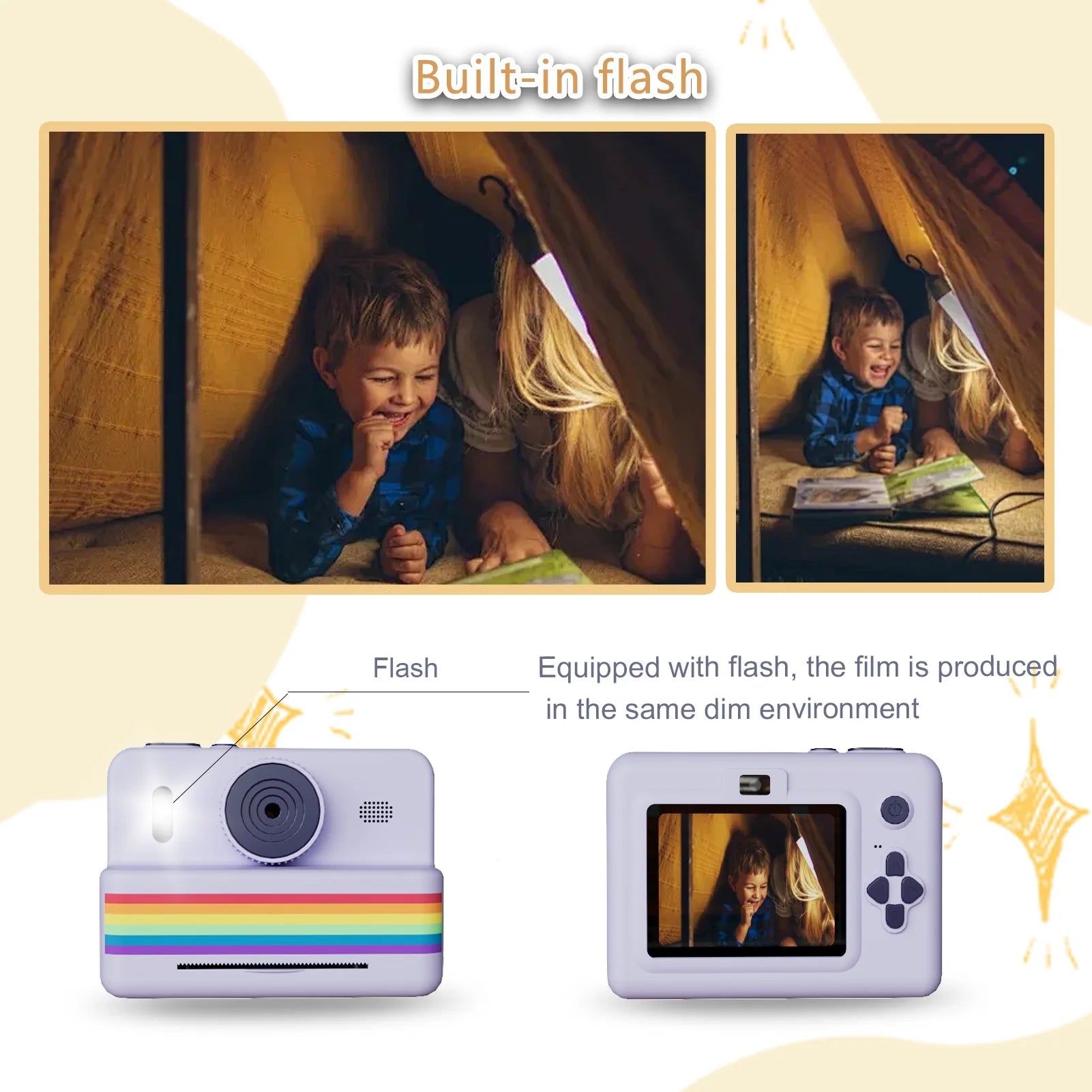 Children playing inside a tent with a camera featuring a built-in flash on a white background.