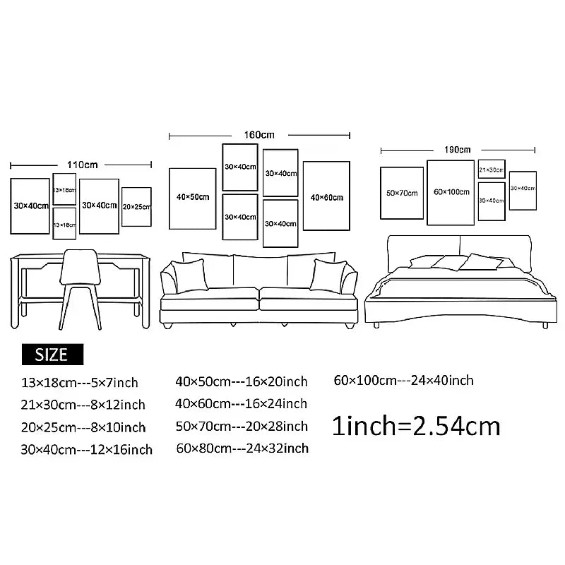 Diagram showing furniture dimensions with measurements in centimeters and inches.