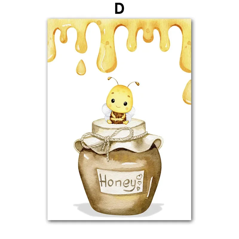 Illustration of a honey jar with a bee on top, surrounded by dripping honey.