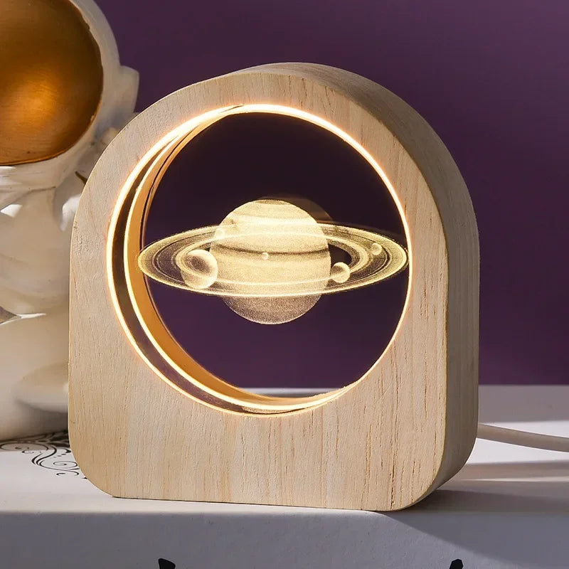 Wooden lamp with Saturn design on a purple background
