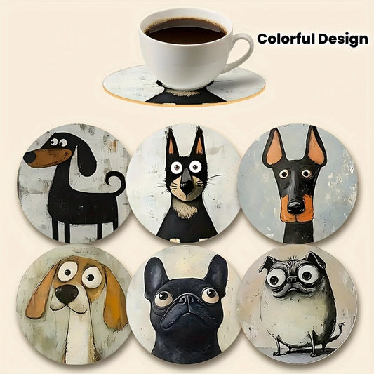 Set of six round wooden dog coasters with illustrated dog designs and cork backing