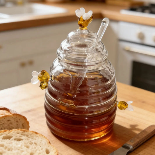 Glass honey container with a bee design on a kitchen counter with bread and a knife.