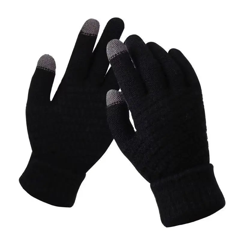 Black gloves with touchscreen tips on a white background